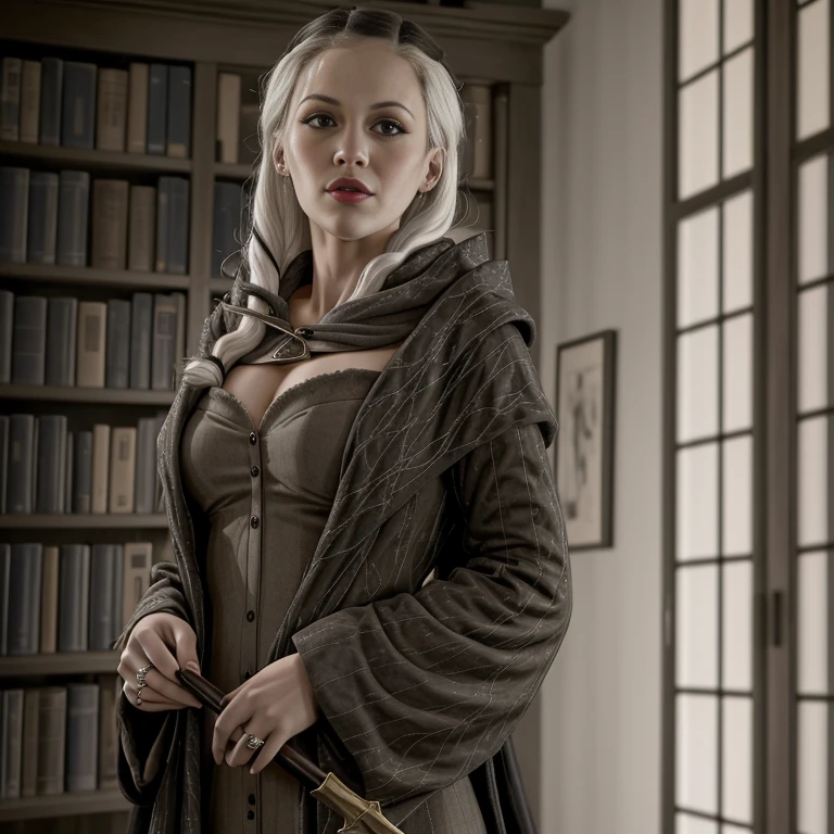 Masterpiece, best quality, detailed face, Narcissa Malfoy, cleavage, sexy long flowing black robes, perfect hands, make-up, in her 20's, youthful, sexy, standing, r3rc1