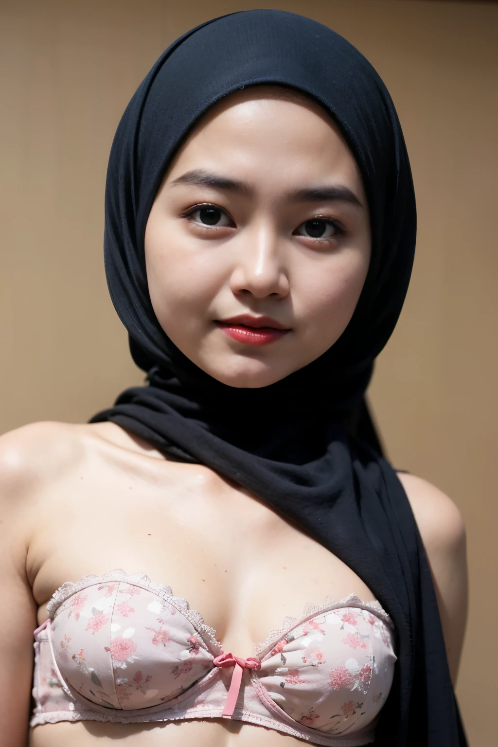 (((HIJAB MALAY GIRL))), masutepiece, High quality, UHD 32K, Realistic face, Realistic skin feeling , A Japanese Lady, , , Very cute and baby-like face, (((FLAT CHEST))), (MATRIX WORLD), ((look In front at the camera and SADNESS)), ((())), (((CUTE GIRL))), ((RED LIPS)), ((Floral Pattern)) little wearing strapless bra, strapless colorful bra