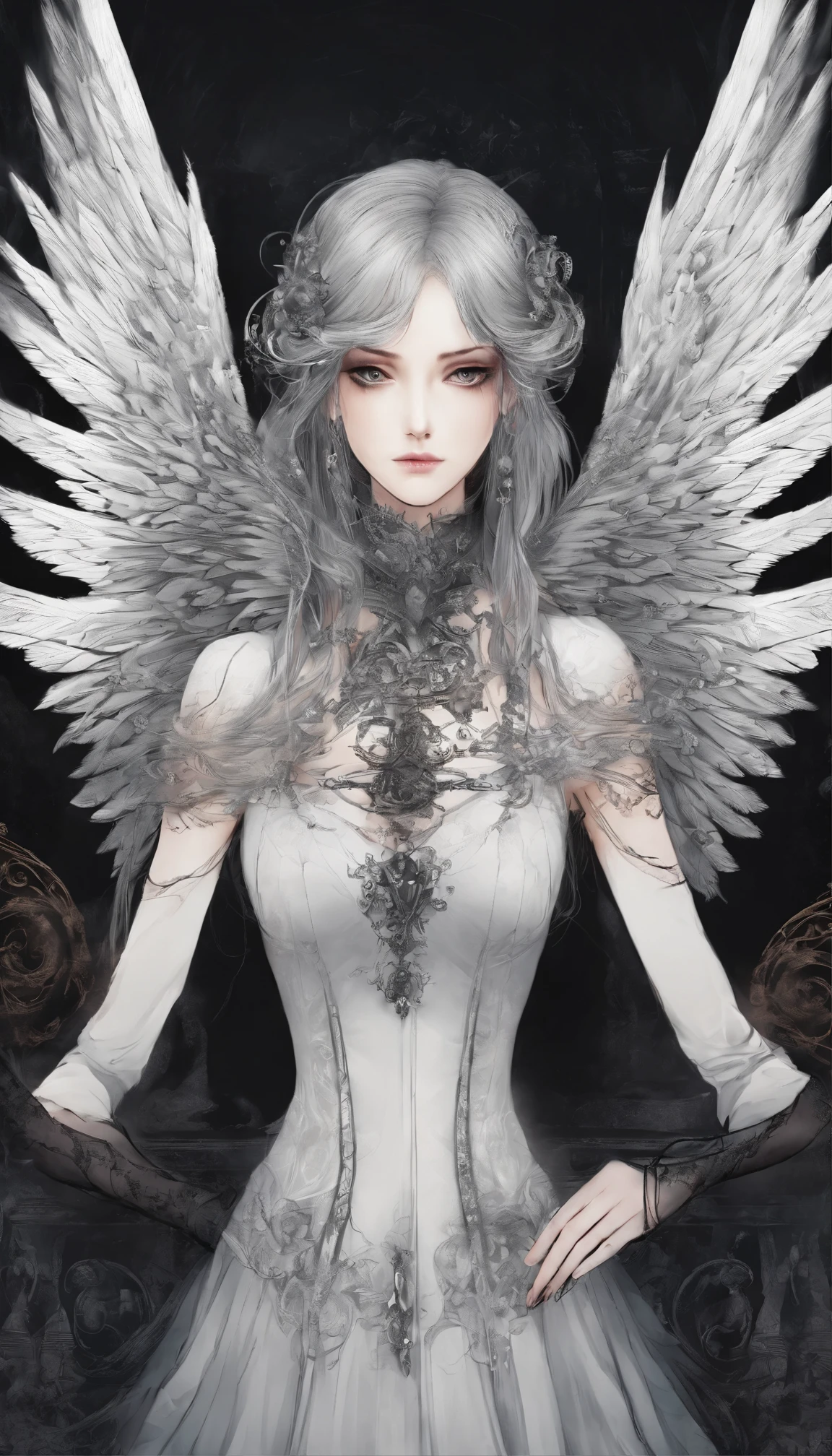 (masterpiece:1.3),(best quality:1.2),8k,absurdres,unity 8k wallpapper,(extremely detailed:1.3),highestres,
1girl, ,heterochromia, white hair, black hair, split theme, angel,devil,wings,