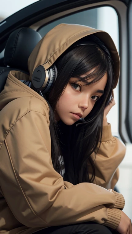 1girl, solo, headphones, long_hair, black_hair, hood, looking_at_viewer, hoodie, lips, brown_eyes, blurry, sitting, hood_down, head_rest, closed_mouth, realistic