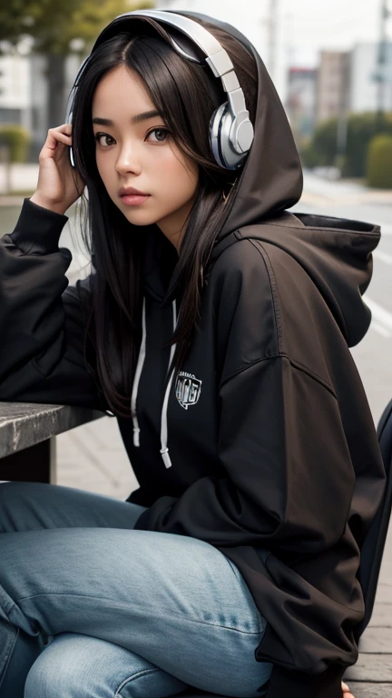 1girl, solo, headphones, long_hair, black_hair, hood, looking_at_viewer, hoodie, lips, brown_eyes, blurry, sitting, hood_down, head_rest, closed_mouth, realistic
