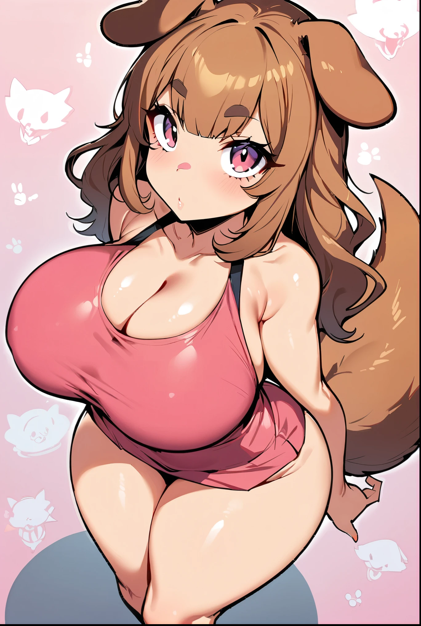 (masterpiece, best quality:1.2), 1girl, solo,standing, 
by by buta99, by chelodoy, by spikedmauler, by cervina7, solo, female, standing, brown dog ears, dog nose, looking at viewer, ((hair, snout), lips, eyelashes, eyeliner, big breasts, cleavage, light brown fur, pink eyes, sexy, long brown hair, long wavy hair, skinny, canine, pink, kawaii, small waist, huge thighs, milf body , big eyes, kawaii background, pink clothes, brown hair ,kawaii, super kawaii, big hips, kawaii outfit, sexy, nsfw, pink, pink theme, huge , showing, huge thighs, huge hips, shiny, skinny waist, mini skirt, shiny skin, glowy skin, huge curls, bangs, looking up at viewer, dog tail, looking up, from above
