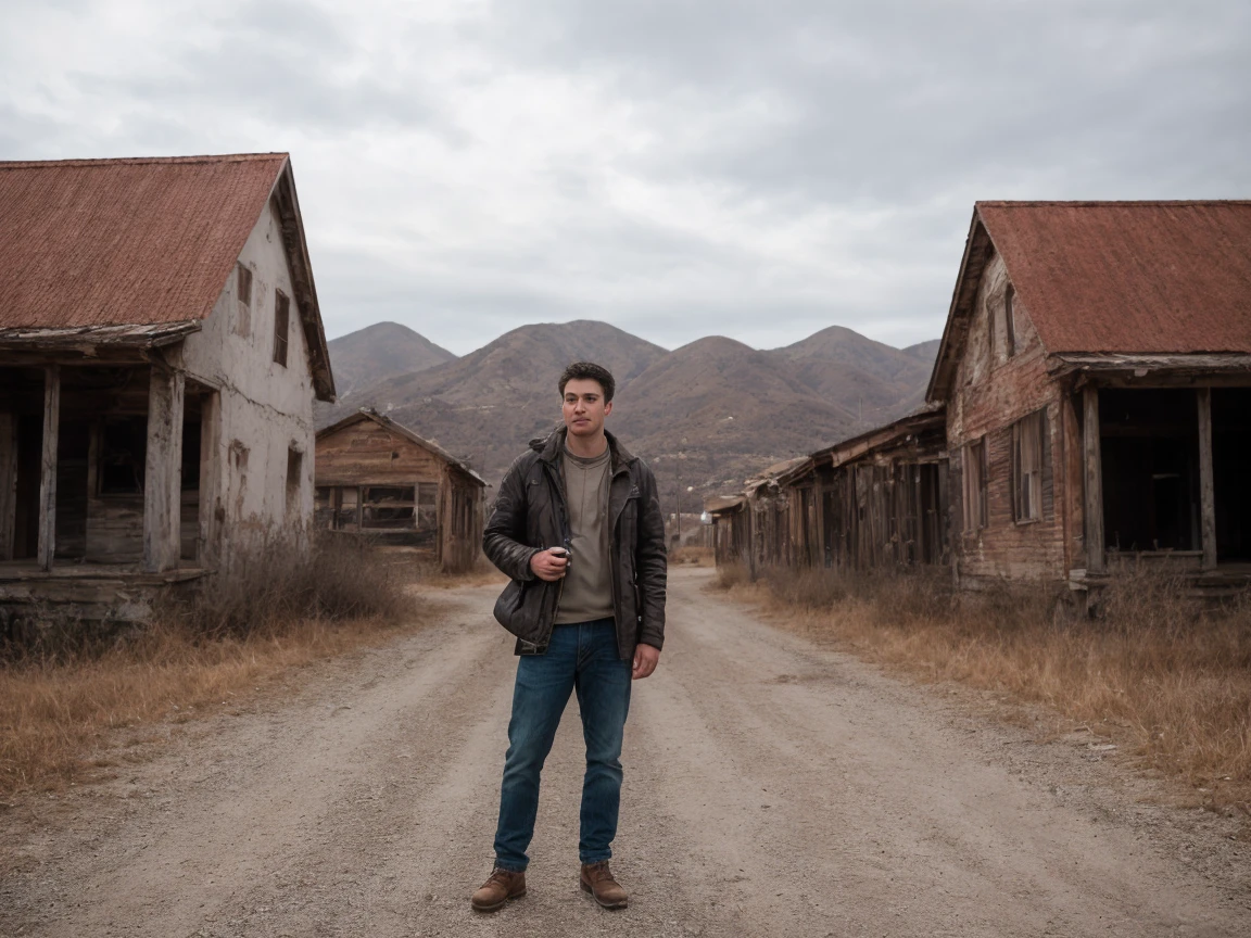 8k uhd, dslr, high quality , RAW photo, Amateur Photography posted to facebook ,Fujifilm XT3, Canon R5, Handsome Men, abandoned town , daylight