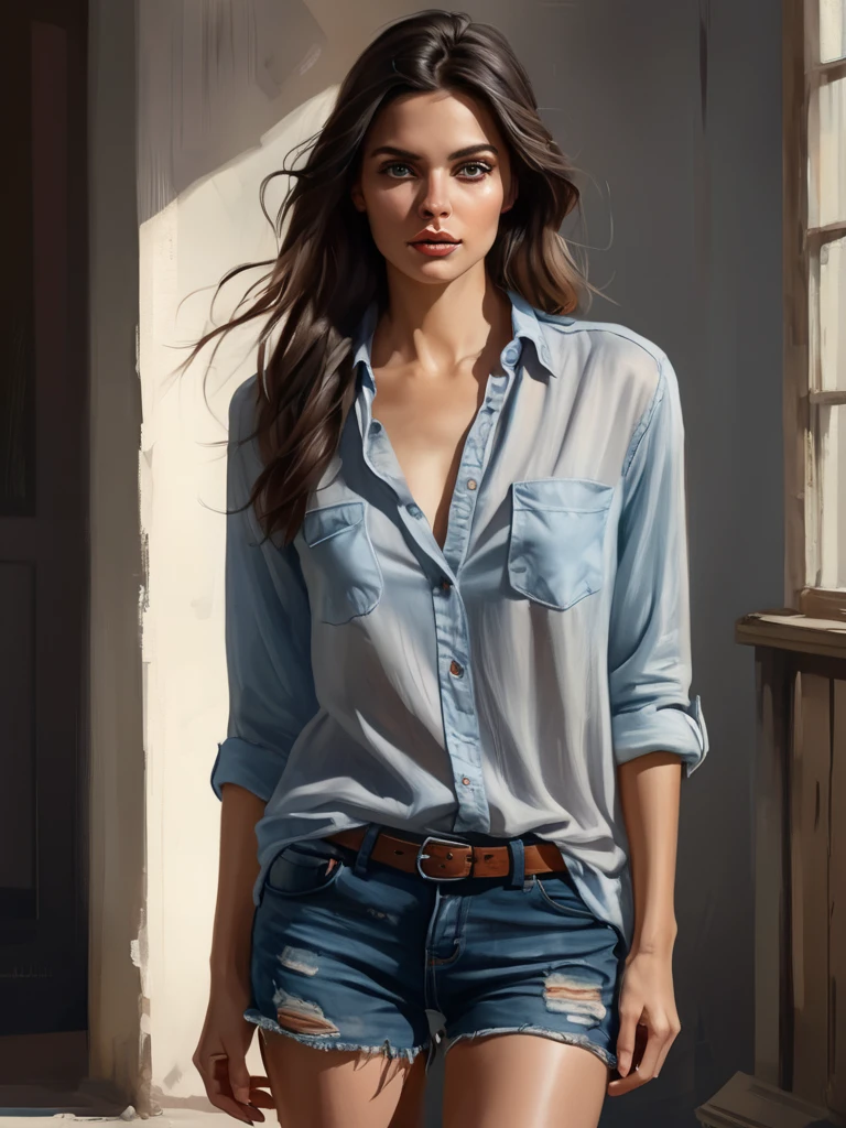 Portrait draw beautiful girl dark hair, gray eyes, open Shirt, she walks to the Post. , fullbody, realistic