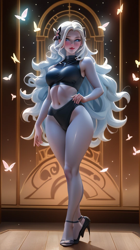 *Saika's eyes lovely *Saika * (work of art), (masterpiece), (best quality), a white haired girl, (blue eyes), wearing sports bra, sports bra,brightly lit night city background, red bow, butterflies in golden circle, flowing hair , but g , full figure head to toes , standing beside poles , a seductress, Full body photo, wearing black heels, glass heels, Full figure , standing on front , beautiful long legs,long legs,thighshiges, beautiful lovely lady , showing beautiful back side, back side buttocks ,wearing baby pink lether leggings,wearing baby pink lether leggings