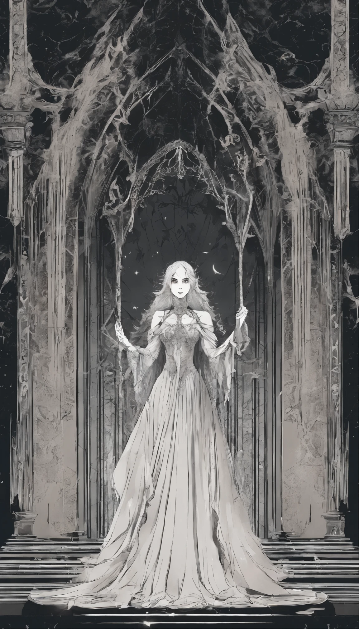 ultra-detailed representation,Infinitely detailed representation,Scenes of fatal blows,Full of mysterious and unforeseen forces. A woman goddess with super long white hair. Deadly red eyes. Victorian fantasy clothing sexy white dress. White clothes. Queen Goddess. Dead stare. Serene face irritation. Blood in the background. Crown like halo. a clock in the background. Angry face. battle, battle position. Blood on hands.