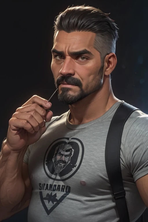  hombre, macho maduro, muscular, nalgon,  deportista, negro skin, piel bronceada, latino, 36 years old, negro hair, gray fur, barbas de chivo, cabello demasiado cortado, serious expression, camiseta griscuerpo completo, science fiction background, jeans 