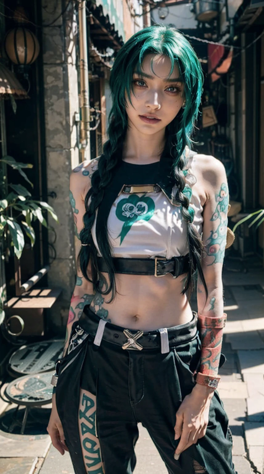 jinx arcano, uma mulher com cabelo verde e tatuagens, mulher cyberpunk mulher anime, pants, Deusa cyberpunk raivosa bonita, estilo de arte cyberpunk, arte digital de anime cyberpunk, arte de anime cyberpunk, Arcane Jinx Retrato, arte de anime cyberpunk, arte com tema cyberpunk, cyberpunk fantasia sombria, estilo arcano, 1 garota, stars tattoo on arm, asymmetrical bangs, faixa, cabelo verde, Green braids, camisa marrom, tatuagem de estrelas, lateralmente, cabelo verde, cabelo longo, olhos cor de rosa, Red lips, standing , tatuagem de nuvem, twin braids. Jinx de arcano. Garota de cabelo verde, garota de twin braids, Jinx em um lugar em chamas, Fagulha, esferas de luz, movie poster, Jinx, Arcane\(Liga das Lendas\