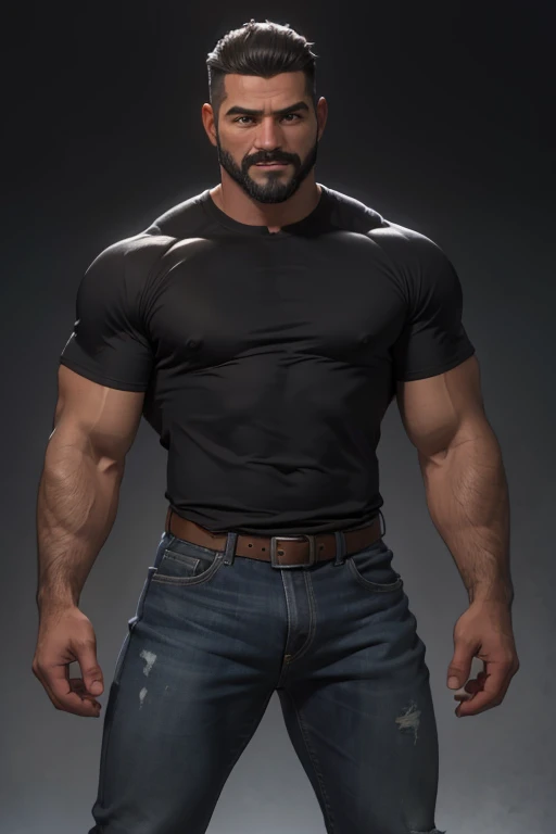 Obra maestra, mejor calidad, ultra detallado, 1 hombre, macho maduro, muscular, pedazo, bara, deportista, carne de res, negro skin, negro, piel bronceada, latino, 36 years old, negro hair, gray fur, barbas de chivo, cabello demasiado cortado, mirando al espectador, serious expression, camiseta gris, Tiro de medio cuerpo, science fiction background, jeans 