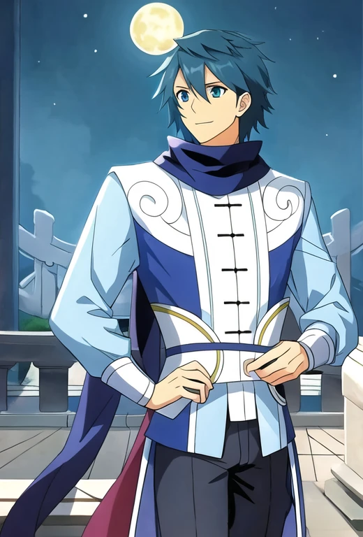 (masterpiece, best quality:1.2), a mature man, solo,individual,Night Sky,Big Moon,There are large areas of stone flooring nearby,Dark blue scarf,Black trousers,Blue by Capelet,Chinese clothing,Complex background,Detailed background,