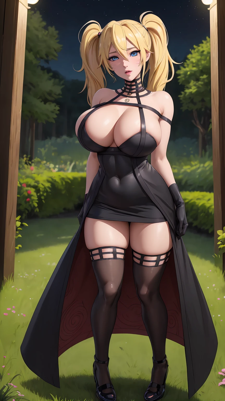 masterpiece, best quality, extremely detail 8k cg, high resolution, 1girl, narukouzumaki, twintails, wisker marks, blonde hair, blue eyes, perfect eyes, slim body, huge breasts, engorged-fc, veiny breasts, breast veins, veins, standing, black dress, black thighhighs, black gloves, seductive face, outdoors, garden, night time, beautiful face, wide shot photo, full body