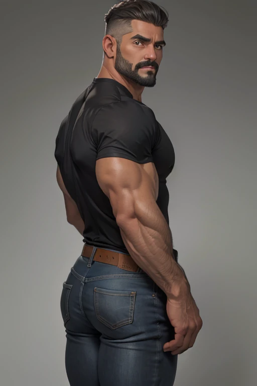 Obra maestra, mejor calidad, ultra detallado, 1 hombre, macho maduro, muscular, pedazo, bara, deportista, carne de res, negro skin, negro, piel bronceada, latino, 36 years old, negro hair, gray fur, barbas de chivo, cabello demasiado cortado, mirando al espectador, serious expression, camiseta gris, Tiro de medio cuerpo, science fiction background, jeans backside 