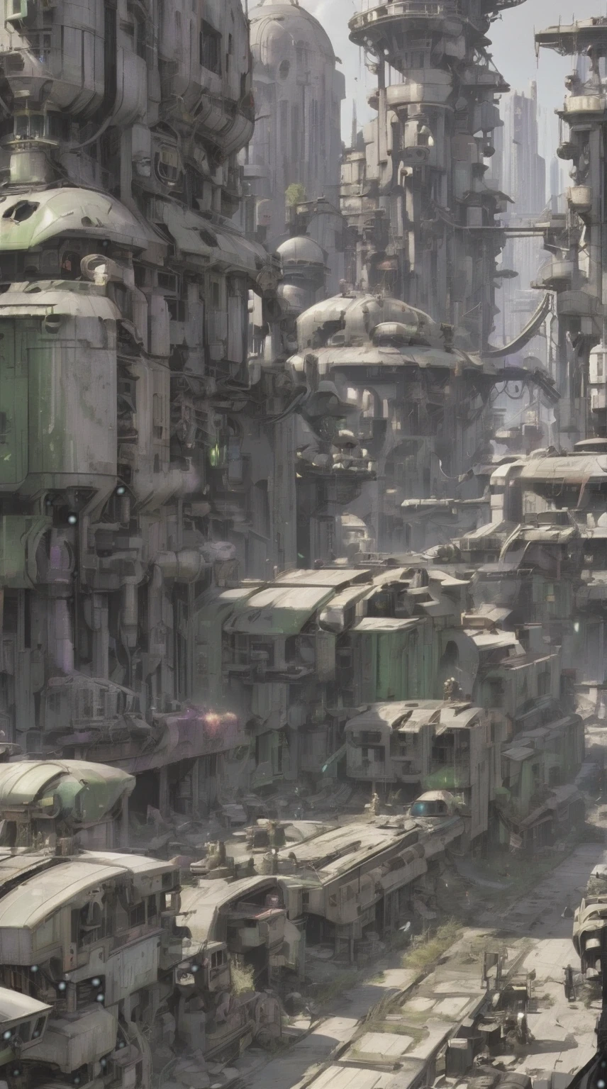 Fallout sci-fi city, sci-fi military city, white black purple and olive green colors
