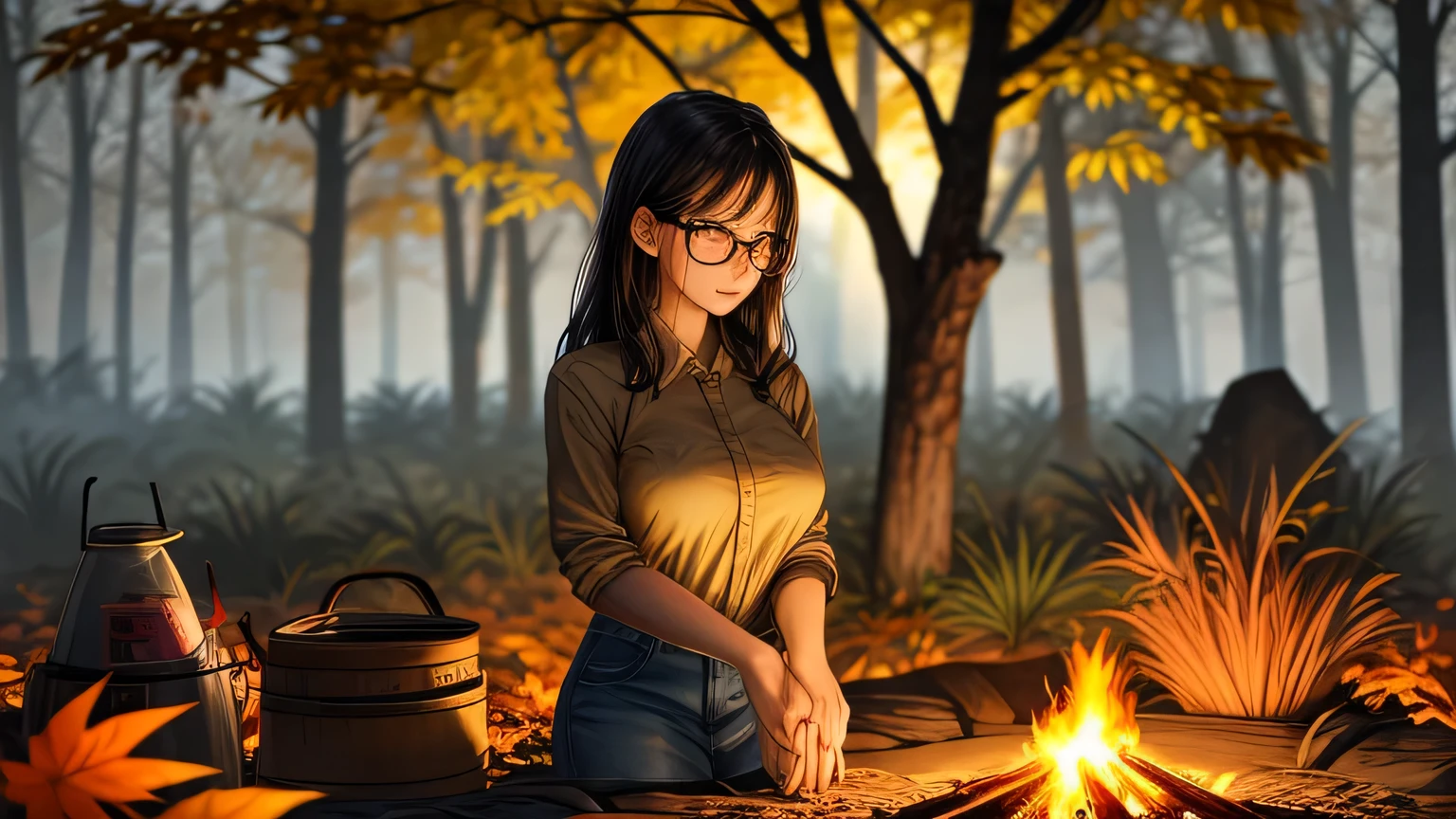 Solo, female, standing near, campfire, (smoky wind), flannel shirt, jeans, scruffy beard, carbonated glasses, marshmallow in hand, night sky above, orange and yellow leaves surrounding, autumn scene, camping gear nearby, crackling sound of the fire, peaceful, by Bebebebebe, by Spikes, By Darkgem, by Mystic Fox 61, by Chunie, deep focus, warm light from the fire illuminating the face, detailed shadows, clear night sky, stars twinkling, crisp autumn air, nostalgic atmosphere, (explicit content, adult, nsfw), high contrast, cinematic, denim middle skirt