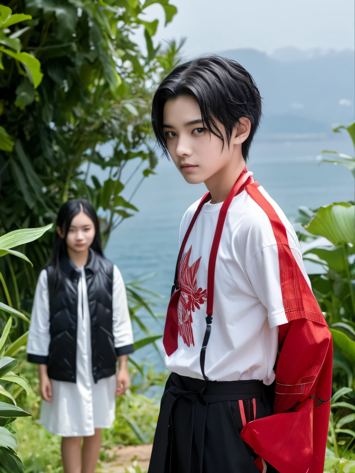 In the rain、A young man with white hair and red eyes, carrying a sword on his waist、Two girls with white hair and red eyes with red mesh are standing with their backs to each other.。Red spider lilies bloomed proudly next to the young man.、A lantern is swaying beside the girl.。Behind the two of them、The ocean is faintly visible。