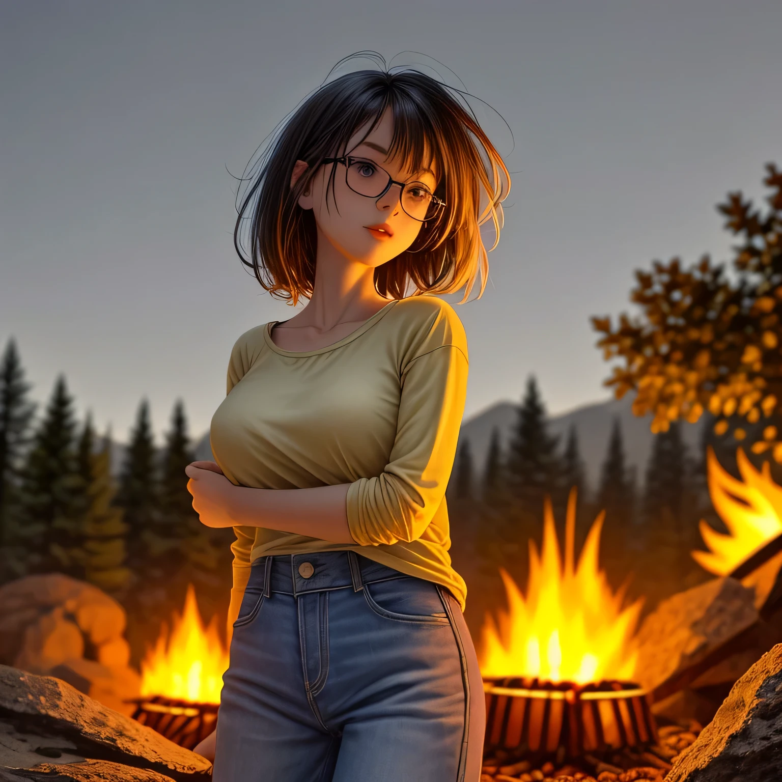 Solo, female, standing near, campfire, (smoky wind), flannel shirt, jeans, scruffy beard, carbonated glasses, marshmallow in hand, night sky above, orange and yellow leaves surrounding, autumn scene, camping gear nearby, crackling sound of the fire, peaceful, by Bebebebebe, by Spikes, By Darkgem, by Mystic Fox 61, by Chunie, deep focus, warm light from the fire illuminating the face, detailed shadows, clear night sky, stars twinkling, crisp autumn air, nostalgic atmosphere, (explicit content, adult, nsfw), high contrast, cinematic, denim middle skirt