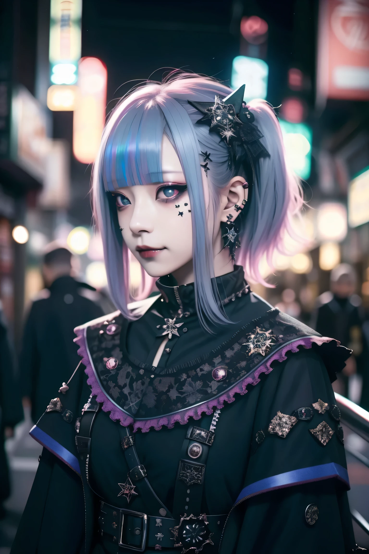 Redhead、Goth_punk, One Girl, alone, Medium Shot, Walking around Harajuku, ((at night)), Bokeh Depth of Field, Neon Light, Rainbow Eyes, Starry Sky, Red glowing hair, White eyebrows, Shiny Hair, (Iridescent white hair), Earrings, Bans, gem, mask, Blunt bangs, Veld's Eye, Mouth mask, Blurred background, Blurred, hair ornaments, Look at the viewers, short hair, Portraiture, Side Lock,((Sex Establishments, Soapland)),