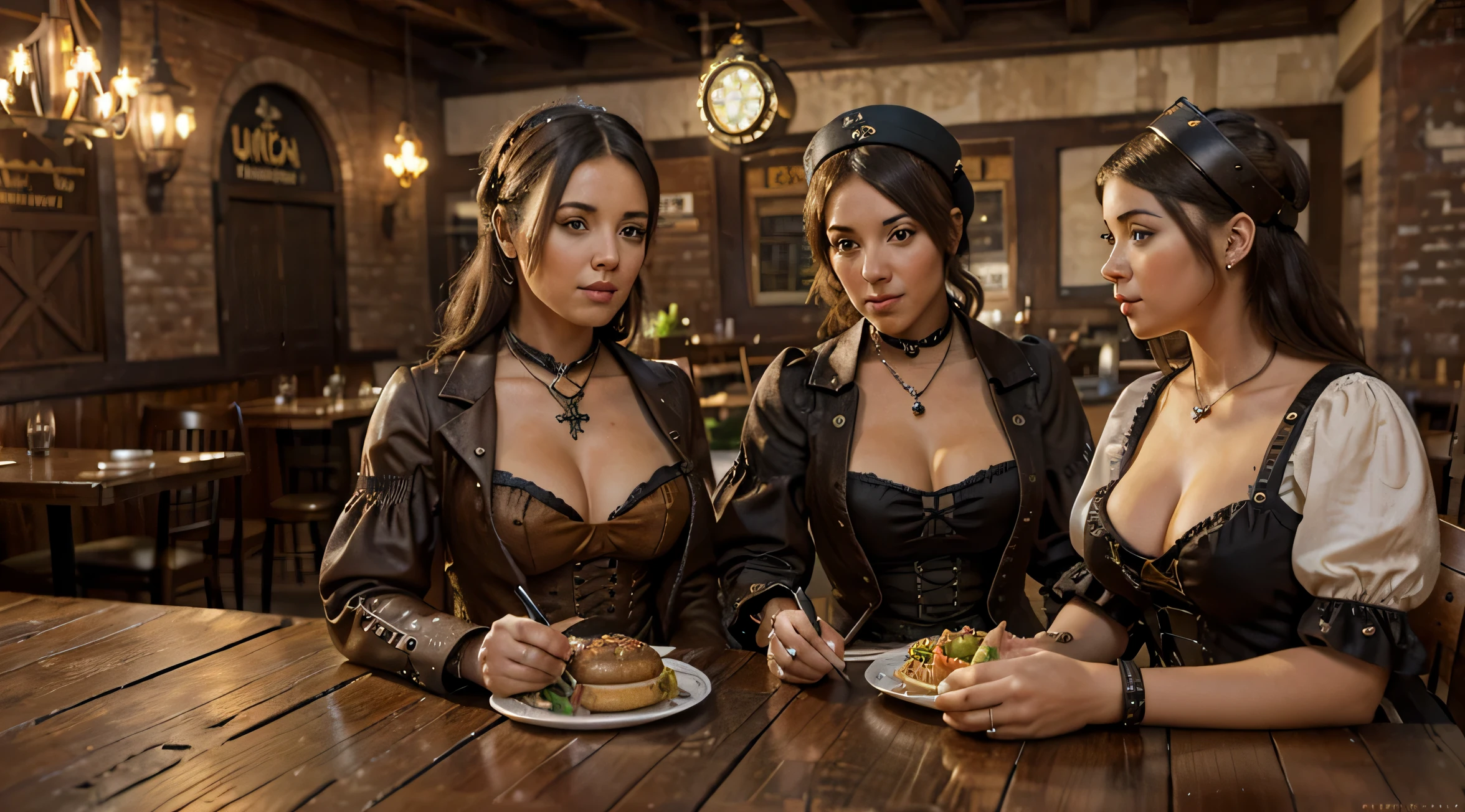 ((aburguesa y papas)), ((restaurante steampunk)), sobre una mesa de madera, obra de arte, 8k, antecedentes de calidad 1.3, ultra realista