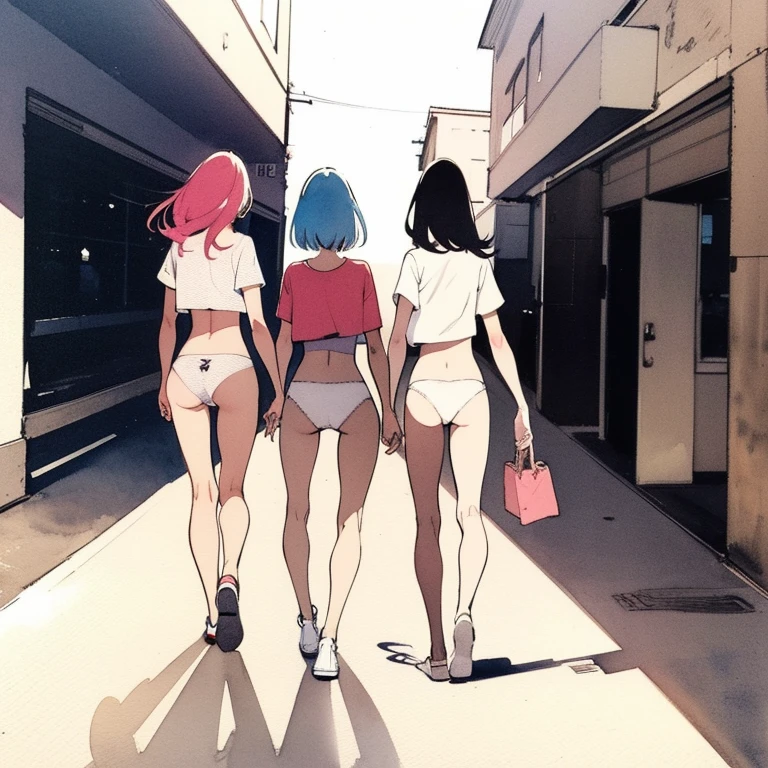 superflat, flat shadig, flat colors, masterpiece, best quality, 3girls, , , from behind, bottom, white panties, walk the school corridor, sunlight, warm, best shadows, watercolor,