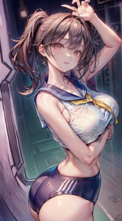 8k, Tabletop, RAW Photos, highest quality, Realistic, Highly detailed CG Unity 8k wallpaper, Depth of written boundary, Cinematic Light, Lens flare, Ray Tracing, (Very beautiful face, Beautiful Lips, Beautiful Eyes), Intricately detailed face, ((Highly detailed skin)) One Girl, In the Dark, Deep Shadow, Cute Korean Girl, K-Pop Idols, 1 girl, (Very slim and slender fit muscular body:1.3), ((View your viewers)),(Big smile:1.3), (Fashion City Night, Dark Night, (Neon Signs), (blurred background), Fashion Street Night),(No people in the background:1.3), Beautiful earrings, bracelet, pantyhose, Clear Eyes, walking, (Pale skin), (Big eyes), Look forward, (Brown Hair), (full body shot), ((School Swimsuit:1.3)), (()), , (View your viewers:1.3) Open chest, Very slim, Medium chest, back track, (Buckshot), focusing, In front of eyebrows,(), Thick thighs,
