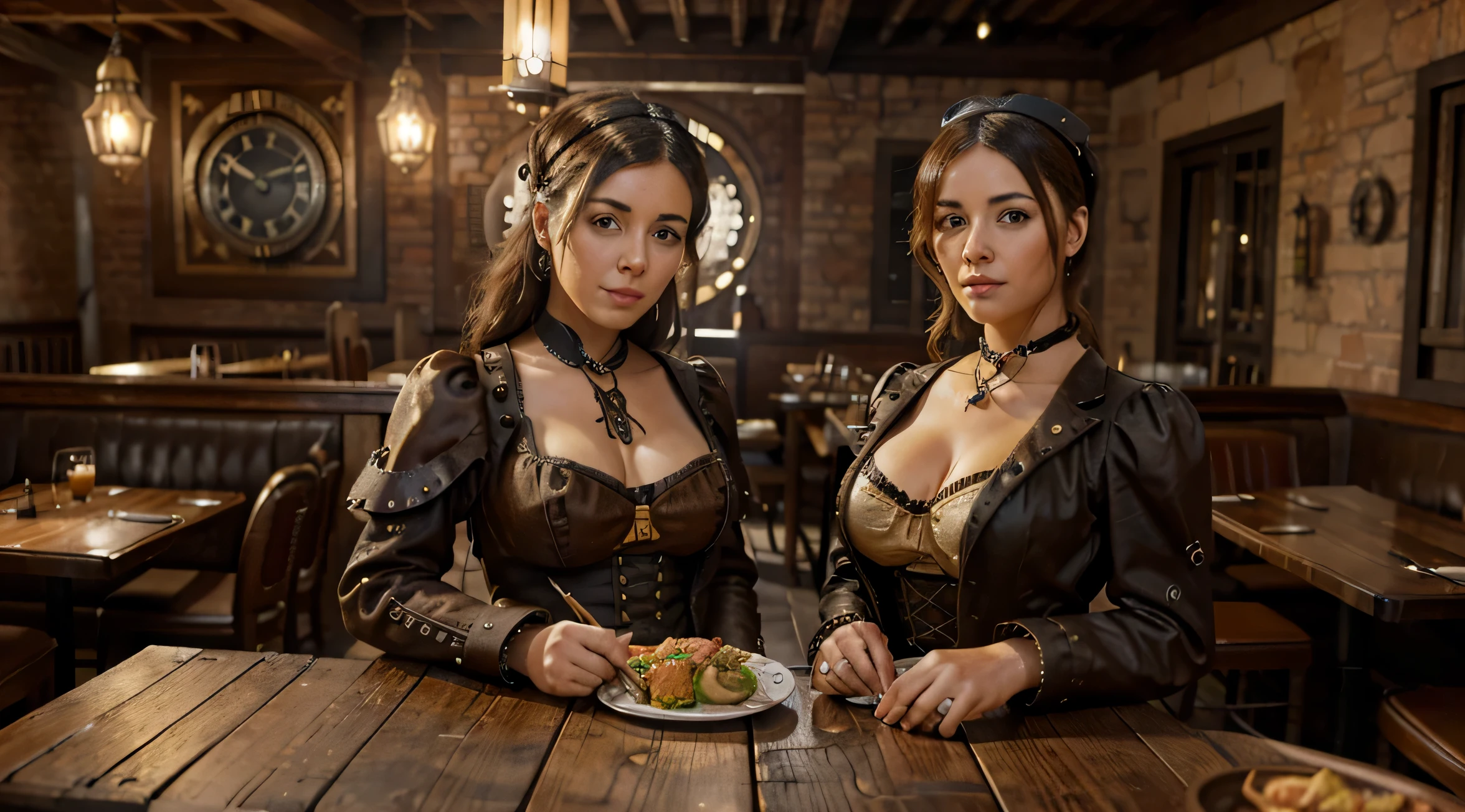 ((aburguesa y papas)), ((restaurante steampunk)), sobre una mesa de madera, obra de arte, 8k, antecedentes de calidad 1.3, ultra realista