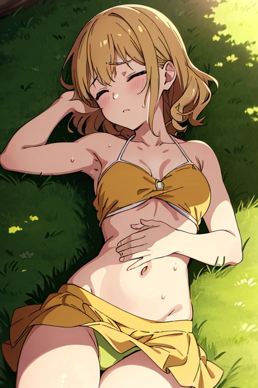 (detailed background), (masterpiece), (4k), (best quality), tan skinned anime girl, dressed in a cute bikini top and flowy skirt, curled up in a peaceful slumber on a grassy hill, her hand pressed against her stomach in discomfort. sweating, sweat beads all over her body