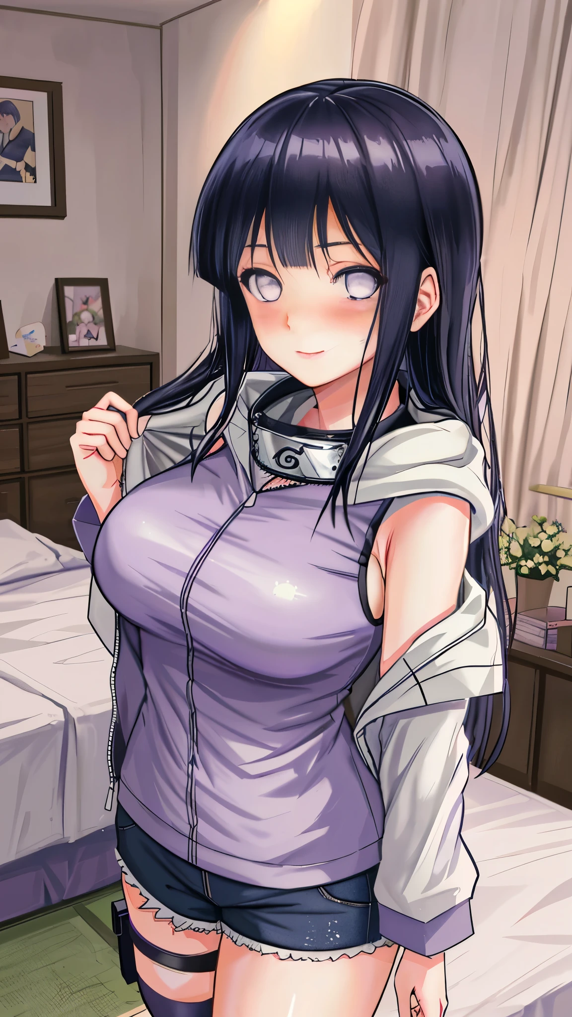 Masterpiece, highres, high Quality, detailed face, detailed body render, 1girl, solo, hyuuga hinata, hinata-sleeveless-outfit, large breasts, big breast, sleeveless shirt, fishnet top, dark lips, unzipped jacket, no bra, breasts out, nipple, standing, blushes, (on bedroom)