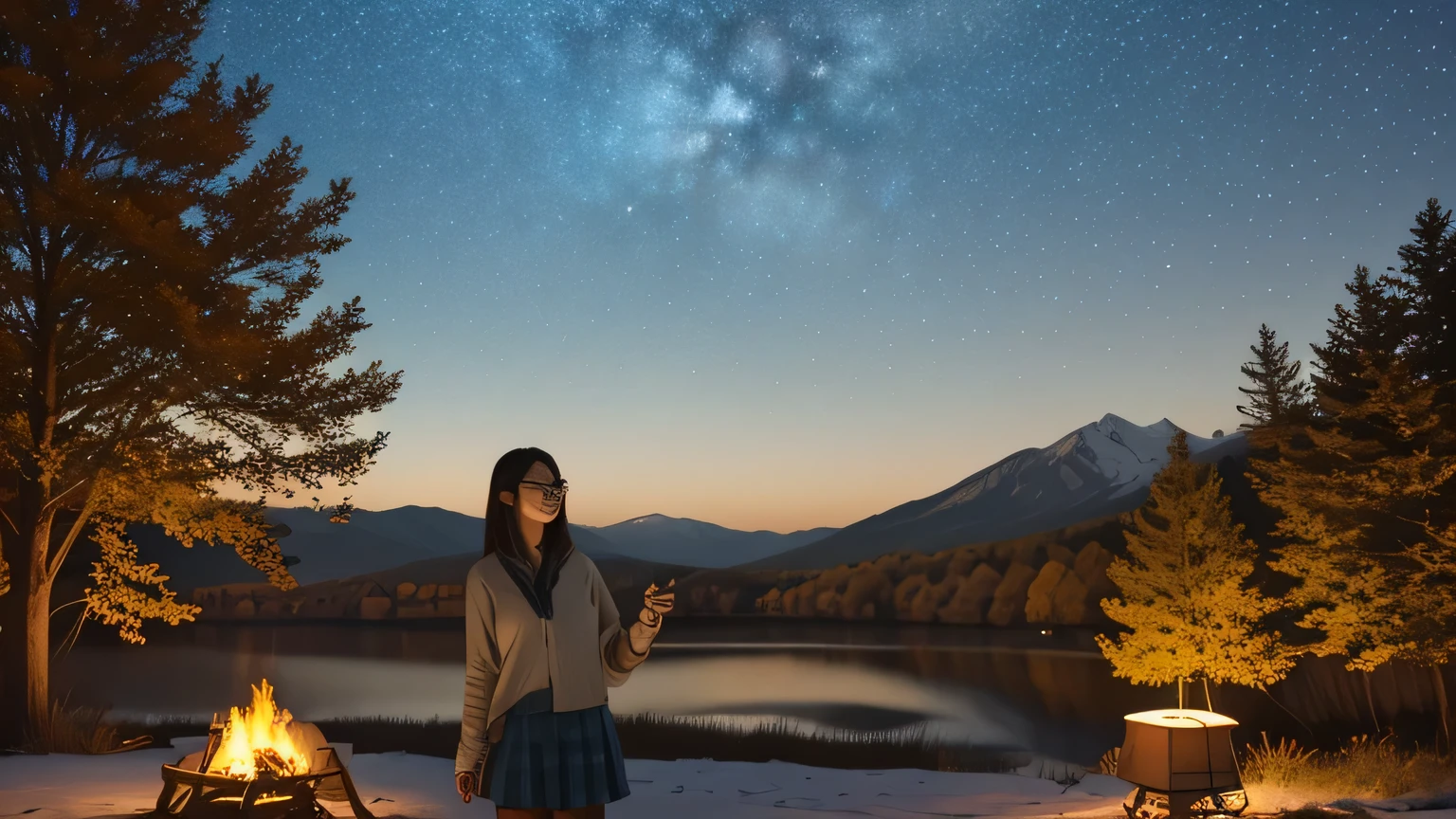 Solo, female, standing near, campfire, (smoky wind), flannel shirt, jeans, scruffy beard, carbonated glasses, marshmallow in hand, night sky above, orange and yellow leaves surrounding, autumn scene, camping gear nearby, crackling sound of the fire, peaceful, by Bebebebebe, by Spikes, By Darkgem, by Mystic Fox 61, by Chunie, deep focus, warm light from the fire illuminating the face, detailed shadows, clear night sky, stars twinkling, crisp autumn air, nostalgic atmosphere, (explicit content, adult, nsfw), high contrast, cinematic, denim middle skirt