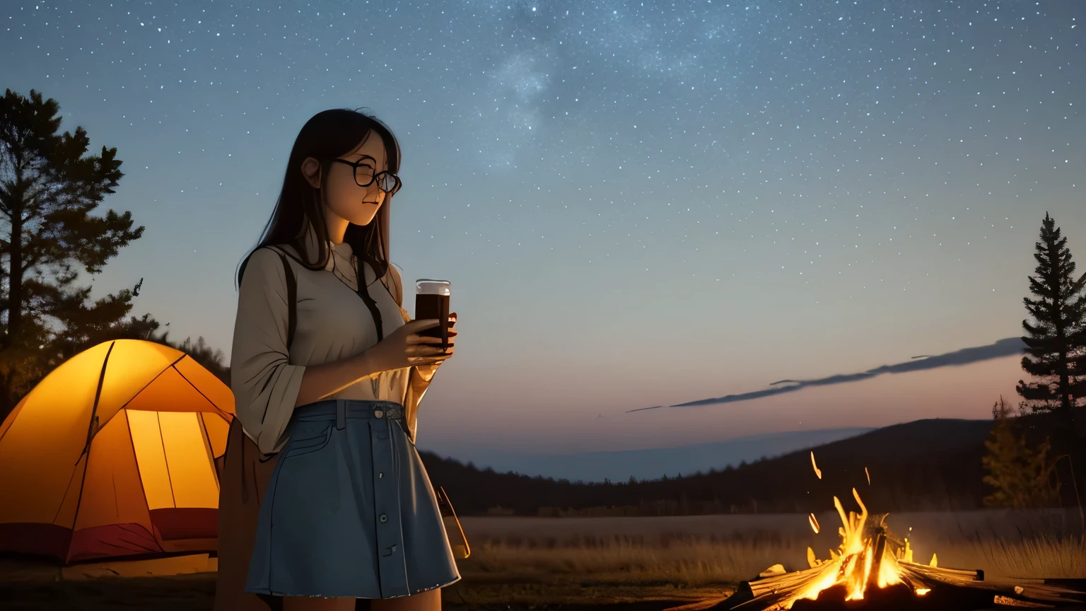 Solo, female, standing near, campfire, (smoky wind), flannel shirt, jeans, scruffy beard, carbonated glasses, marshmallow in hand, night sky above, orange and yellow leaves surrounding, autumn scene, camping gear nearby, crackling sound of the fire, peaceful, by Bebebebebe, by Spikes, By Darkgem, by Mystic Fox 61, by Chunie, deep focus, warm light from the fire illuminating the face, detailed shadows, clear night sky, stars twinkling, crisp autumn air, nostalgic atmosphere, (explicit content, adult, nsfw), high contrast, cinematic, denim middle skirt