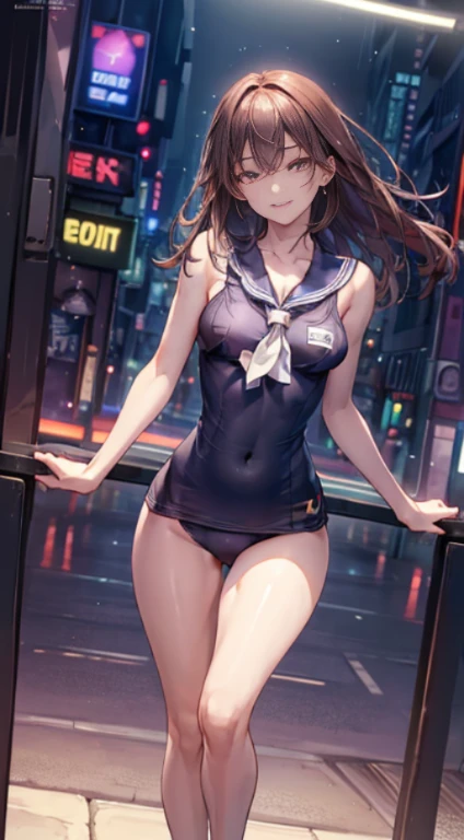 8k, Tabletop, RAW Photos, highest quality, Realistic, Highly detailed CG Unity 8k wallpaper, Depth of written boundary, Cinematic Light, Lens flare, Ray Tracing, (Very beautiful face, Beautiful Lips, Beautiful Eyes), Intricately detailed face, ((Highly detailed skin)) One Girl, In the Dark, Deep Shadow, Cute Korean Girl, K-Pop Idols, 1 girl, (Very slim and slender fit muscular body:1.3), ((View your viewers)),(Big smile:1.3), (Fashion City Night, Dark Night, (Neon Signs), (blurred background), Fashion Street Night),(No people in the background:1.3), Beautiful earrings, bracelet, pantyhose, Clear Eyes, walking, (Pale skin), (Big eyes), Look forward, (Brown Hair), (full body shot), ((School Swimsuit:1.3)), (()), , (View your viewers:1.3) Open chest, Very slim, Medium chest, back track, (Buckshot), focusing, In front of eyebrows,(), Thick thighs,