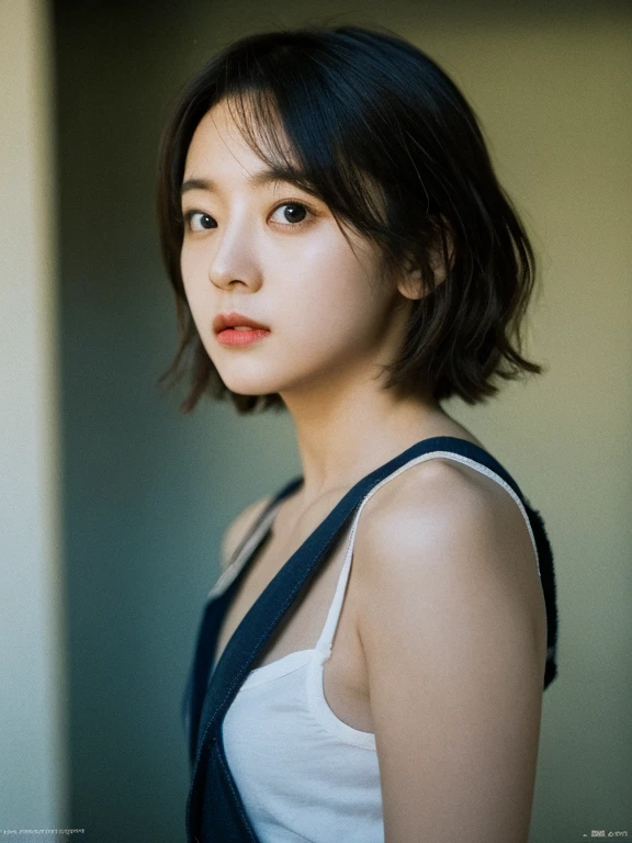 masterpiece, Ultra-high resolution, (Reality: 1.5), original photo, 1 girl, Suspenders, Dark environment, Deep shadows, Unobtrusive, Cold light on the face, side, short hair,Movie Light,Top quality
