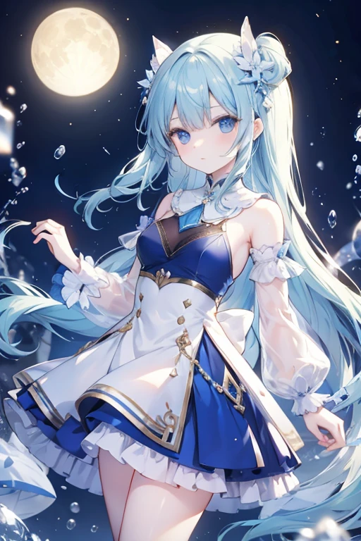 blue eyes, Young girl, long blue hair, modest clothes, moon, ice beads,