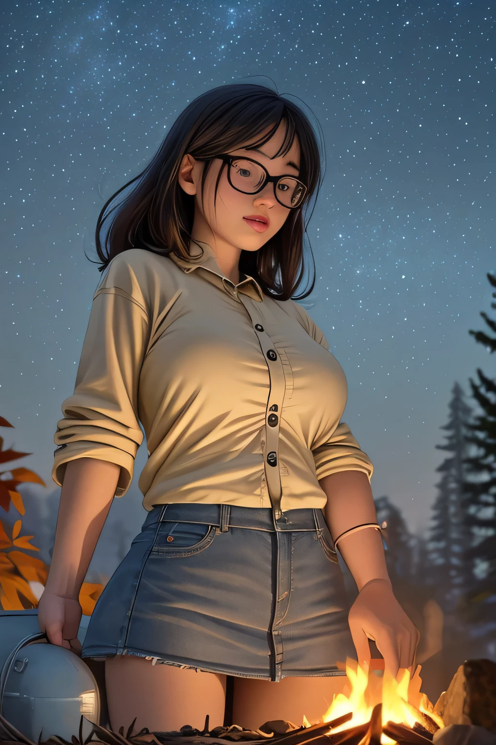 Solo, female, standing near, campfire, (smoky wind), flannel shirt, jeans, scruffy beard, carbonated glasses, marshmallow in hand, night sky above, orange and yellow leaves surrounding, autumn scene, camping gear nearby, crackling sound of the fire, peaceful, by Bebebebebe, by Spikes, By Darkgem, by Mystic Fox 61, by Chunie, deep focus, warm light from the fire illuminating the face, detailed shadows, clear night sky, stars twinkling, crisp autumn air, nostalgic atmosphere, (explicit content, adult, nsfw), high contrast, cinematic, denim middle skirt