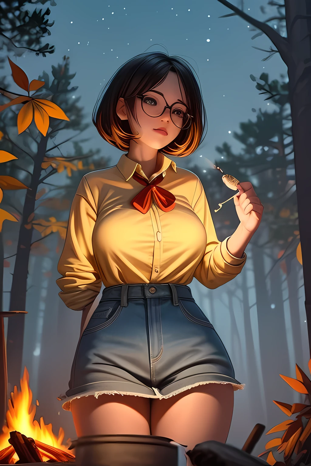 Solo, female, standing near, campfire, (smoky wind), flannel shirt, jeans, scruffy beard, carbonated glasses, marshmallow in hand, night sky above, orange and yellow leaves surrounding, autumn scene, camping gear nearby, crackling sound of the fire, peaceful, by Bebebebebe, by Spikes, By Darkgem, by Mystic Fox 61, by Chunie, deep focus, warm light from the fire illuminating the face, detailed shadows, clear night sky, stars twinkling, crisp autumn air, nostalgic atmosphere, (explicit content, adult, nsfw), high contrast, cinematic, denim middle skirt