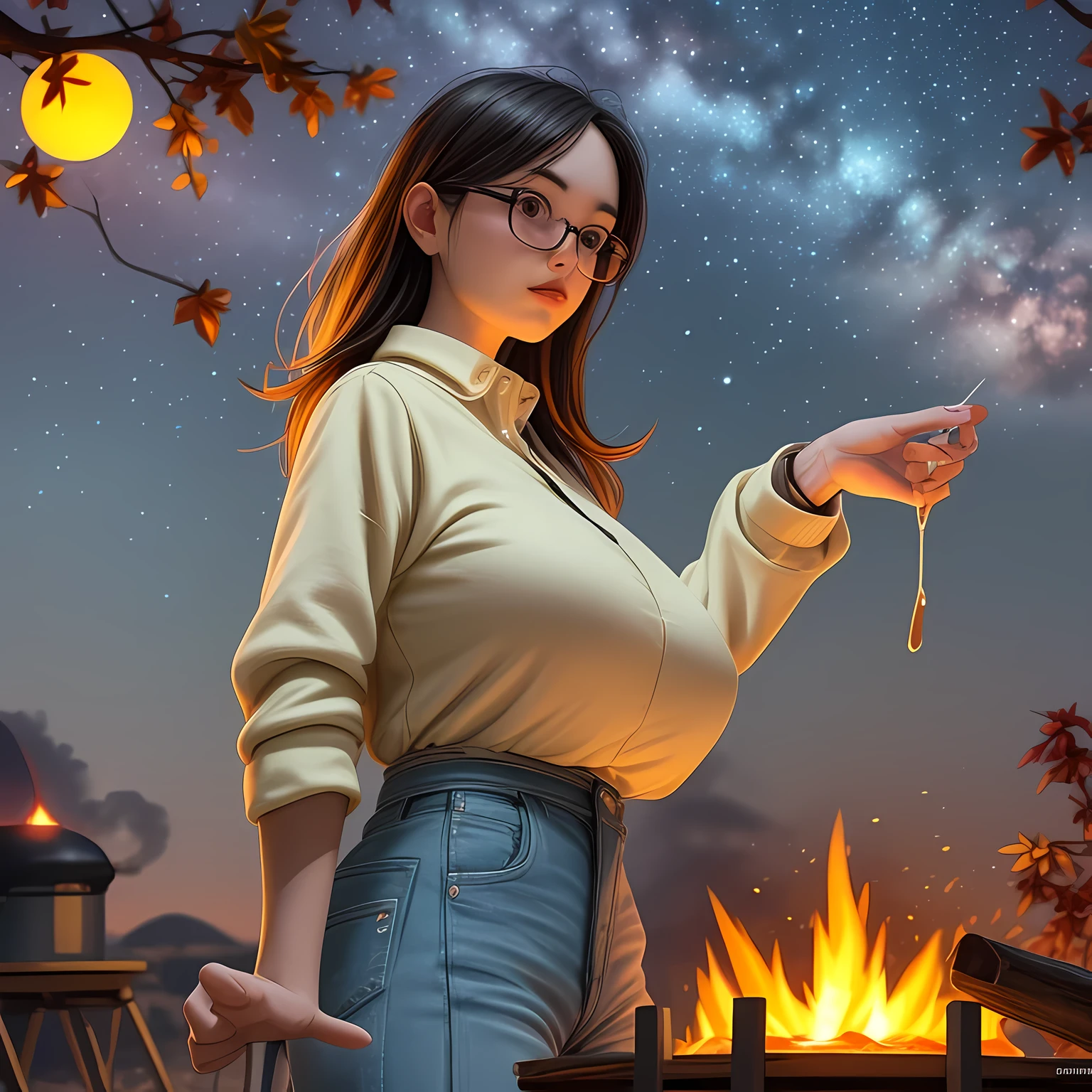 Solo, female, standing near, campfire, (smoky wind), flannel shirt, jeans, scruffy beard, carbonated glasses, marshmallow in hand, night sky above, orange and yellow leaves surrounding, autumn scene, camping gear nearby, crackling sound of the fire, peaceful, by Bebebebebe, by Spikes, By Darkgem, by Mystic Fox 61, by Chunie, deep focus, warm light from the fire illuminating the face, detailed shadows, clear night sky, stars twinkling, crisp autumn air, nostalgic atmosphere, (explicit content, adult, nsfw), high contrast, cinematic, denim middle skirt