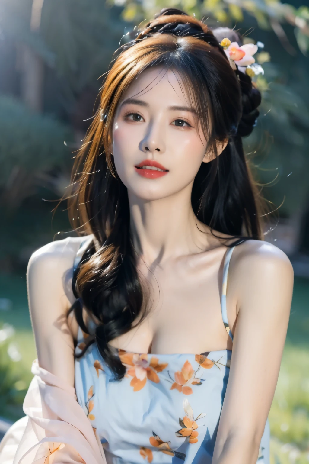 original photo，best quality），（lifelike，照片lifelike：1.3），best quality，Very detailed，masterpiece，Ultra Detailed，illustration，1 girl，Predominant_Body，Dynamic angle，World Masters Theatre，messy_long_hair，best quality，Extremely detailed CG unified 8k wallpaper，，amazing，Light，lens_Flare，Dunhuang_style，Real People