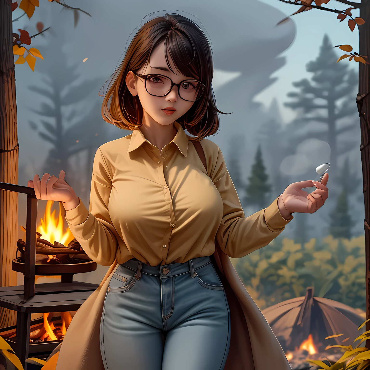 Solo, female, standing near, campfire, (smoky wind), flannel shirt, jeans, scruffy beard, carbonated glasses, marshmallow in hand, night sky above, orange and yellow leaves surrounding, autumn scene, camping gear nearby, crackling sound of the fire, peaceful, by Bebebebebe, by Spikes, By Darkgem, by Mystic Fox 61, by Chunie, deep focus, warm light from the fire illuminating the face, detailed shadows, clear night sky, stars twinkling, crisp autumn air, nostalgic atmosphere, (explicit content, adult, nsfw), high contrast, cinematic, denim middle skirt