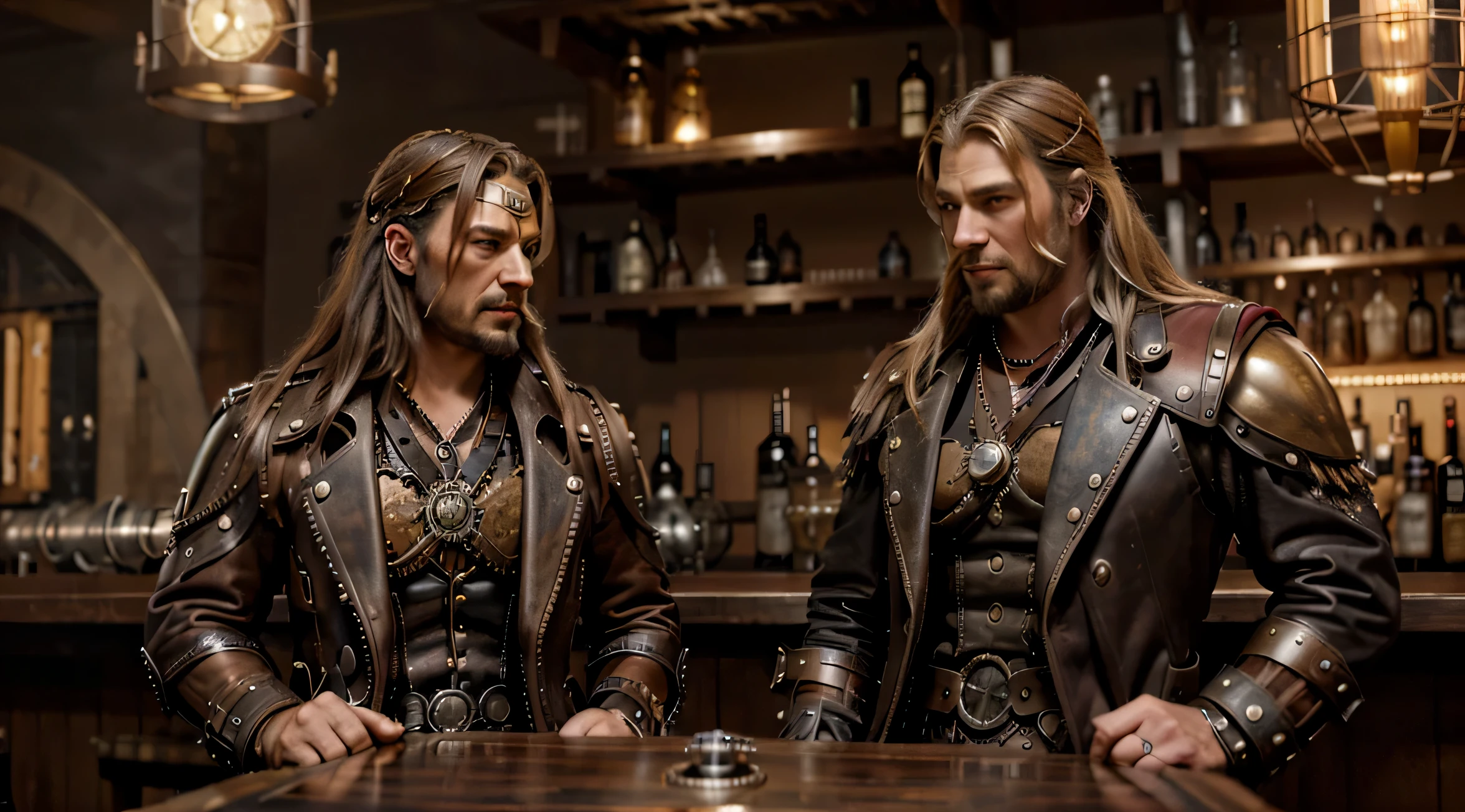 ((a steampunk capitan america)) y ((a steampunk thor)), ((en un bar steampunk)), sobre una mesa de madera, obra de arte, 8k, antecedentes de calidad 1.3, ultra realista