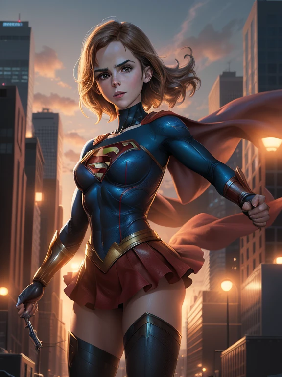 ((Digital painting)),((4k)),((comic Babes)), a woman dressed as superman flying over a city at night, Supergirl, anime visual of Supergirl, emma watson as Supergirl, Betty Cooper, super girl -hero, powerful girl, no text, superhero portrait, DC Comics art style, Dinah Drake, Official Art, gal gadot as Supergirl, highly detailed exquisite fanart, epic comic book style, high quality color drawing