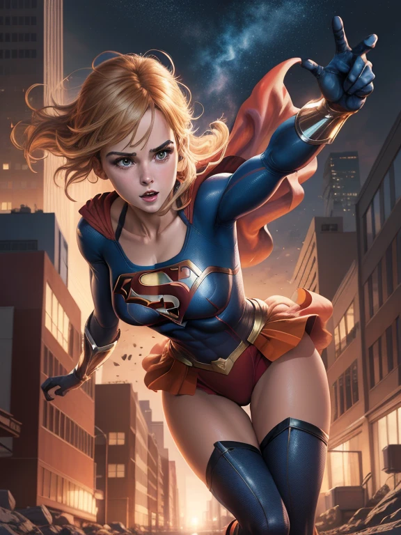 ((Digital painting)),((4k)),((comic Babes)), a woman dressed as superman flying over a city at night, Supergirl, anime visual of Supergirl, emma watson as Supergirl, Betty Cooper, super girl -hero, powerful girl, no text, superhero portrait, DC Comics art style, Dinah Drake, Official Art, gal gadot as Supergirl, highly detailed exquisite fanart, epic comic book style, high quality color drawing