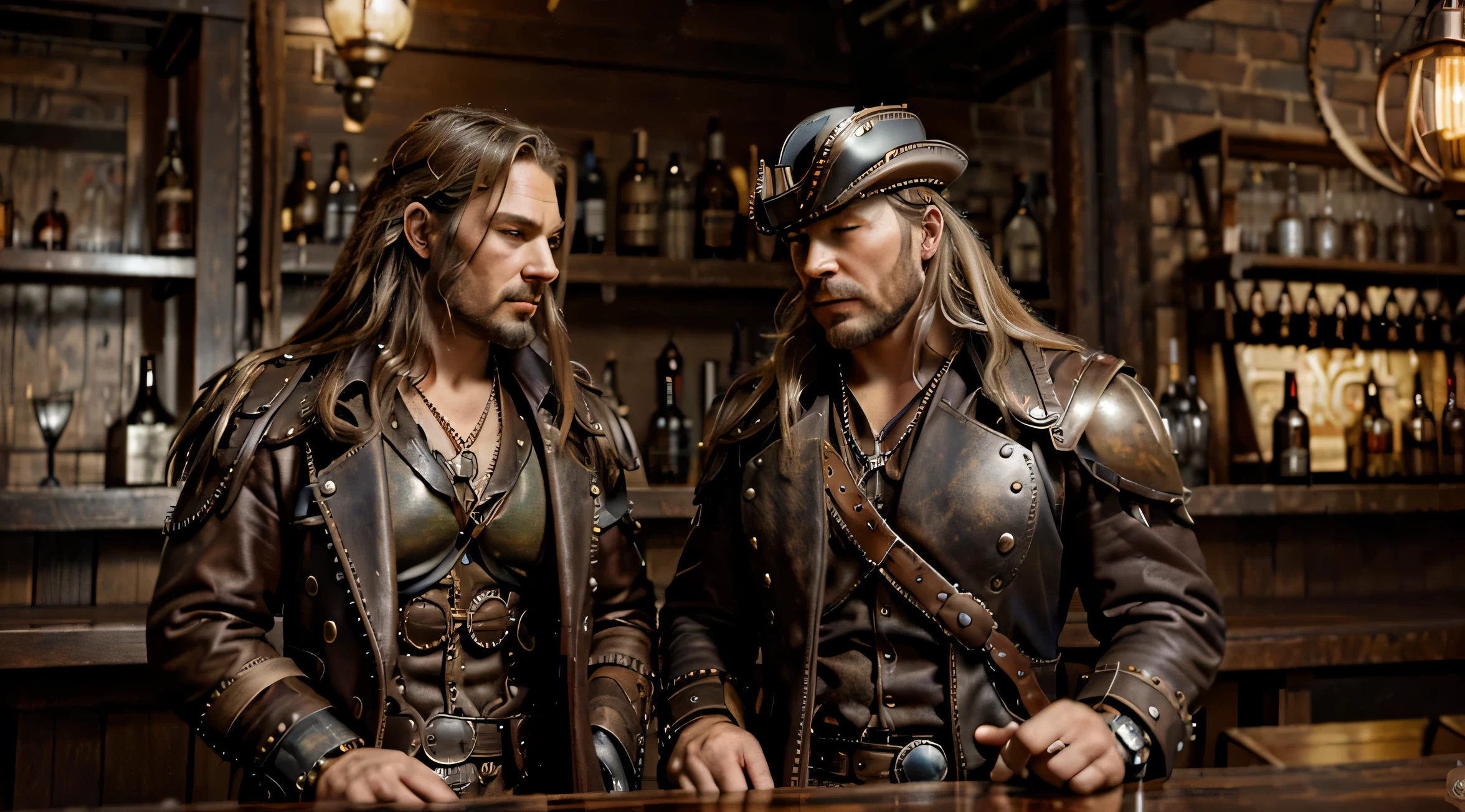 ((a steampunk capitan america)) y ((a steampunk thor)), ((en un bar steampunk)), sobre una mesa de madera, obra de arte, 8k, antecedentes de calidad 1.3, ultra realista