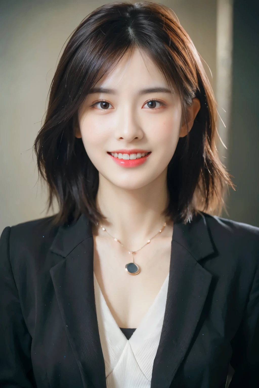 Wear, (Photographic Realism:1.4), (Surrealism:1.4), (Practical:1.3), (Smoother lighting:1.05), (Improve movie lighting quality:0.9), 32k, 1 Girl,25 years old, Practical lighting, Backlight, There is light on the face, Ray tracing, (bright lights:1.2), (quality improvement:1.4), (Top quality real texture skin:1.4), Delicate eyes, Delicate face, (exhausted、Sleepiness and joy:0), (lol:1.4), Black suit,A necklace, (Increase body line emotions:1.1), (Enhances the beauty of skin texture:1.1)