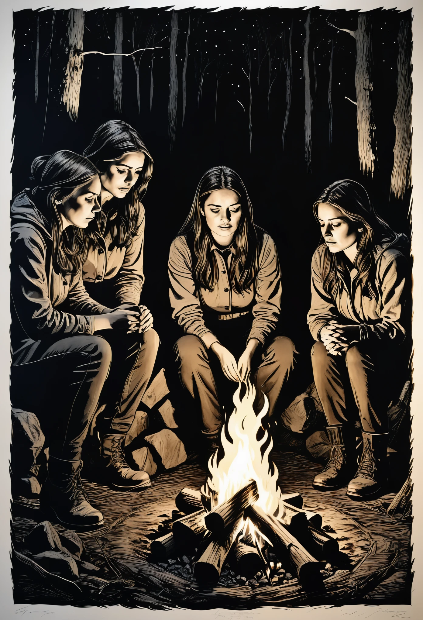 Create a realistic and detailed portrait of women huddled around a campfire, their faces etching fear and apprehension as they listen intently to an ominous story told by an unseen figure in the darkness behind them