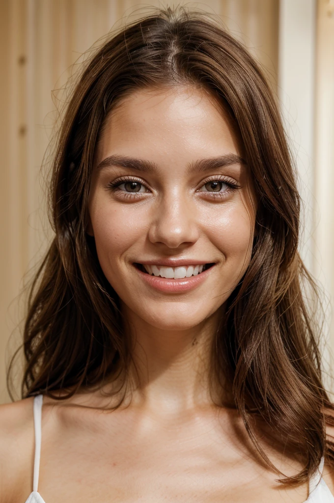 influencer style, photorealistic image, beautiful girl, 26 years old, brown hair, front locks of hair slightly lighter, light brown eyes, classy, 4k, high resolution, high quality, dimples, small wrinkles to look like a real person, white skin, french-german, face close-up, natural photo, smiling, perfect teeth, straight teeth, white teeth