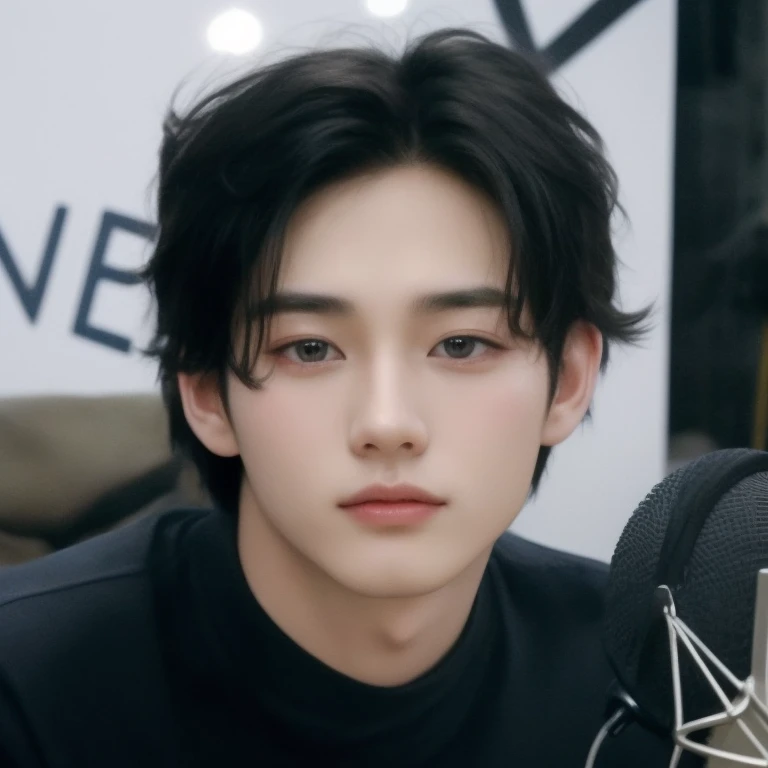 there is a man sitting in front of a microphone, cai xukun, Jinyoung Shin, Yanjun Chengt, young pale angel, 1 Menino de 7 anos, rosto magro, Kim Doyoung, hyung tae, Jungkook, Tae June Kim, adorable and pale korean face, inspirado em jeonseok lee, Jung Jaehyun, artista coreano, rosto bonito