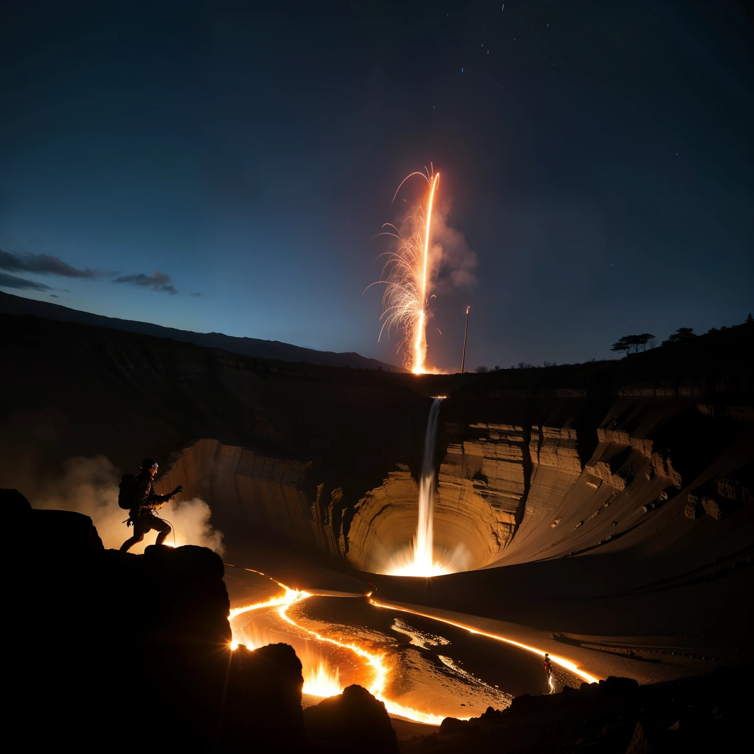 I want to present a crater covered by a cool apocalyptic wind.。In the center of the crater，Lava is erupting，Emit a blazing light，Makes the surrounding rocks glow red。On the edge of the crater，A group of adventurous pedestrians wearing heavy mountaineering gear，We are cautiously exploring this dangerous area.。Some pedestrians standing on the rocks，Trying to observe the activity of magma，Others are looking for a way to escape.。The whole scene was filled with an atmosphere of tension and excitement.，Showing the fragility and bravery of human beings in the face of natural forces。