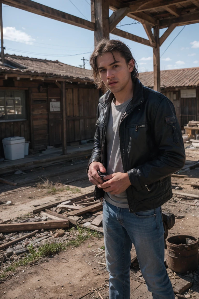 8k uhd, dslr, high quality , RAW photo, Amateur Photography posted to facebook ,Fujifilm XT3, Canon R5, Handsome Men, abandoned town , daylight