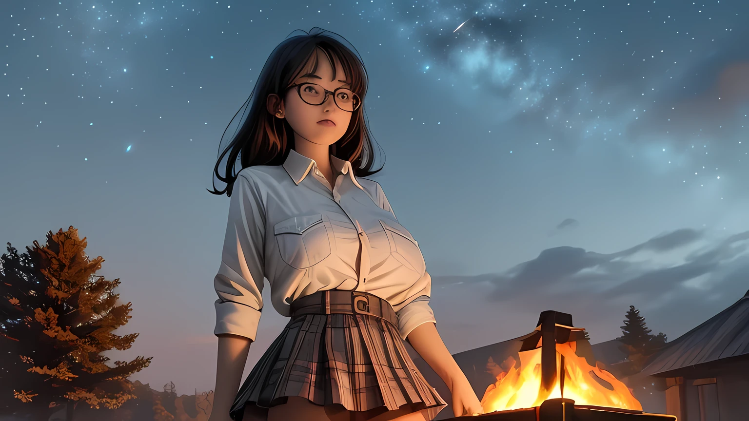 Solo, female, standing near, campfire, (smoky wind), flannel shirt, jeans, scruffy beard, carbonated glasses, marshmallow in hand, night sky above, orange and yellow leaves surrounding, autumn scene, camping gear nearby, crackling sound of the fire, peaceful, by Bebebebebe, by Spikes, By Darkgem, by Mystic Fox 61, by Chunie, deep focus, warm light from the fire illuminating the face, detailed shadows, clear night sky, stars twinkling, crisp autumn air, nostalgic atmosphere, (explicit content, adult, nsfw), high contrast, cinematic, denim middle skirt