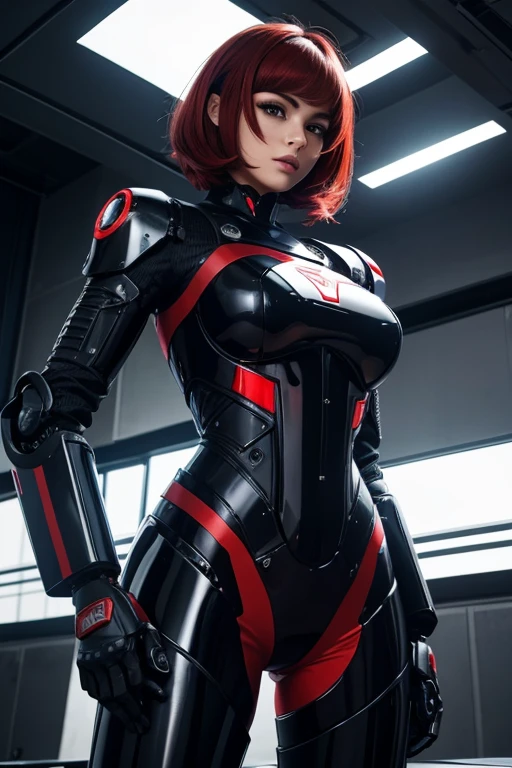robot gigante con piloto femenino de pelo rojo y traje negro
