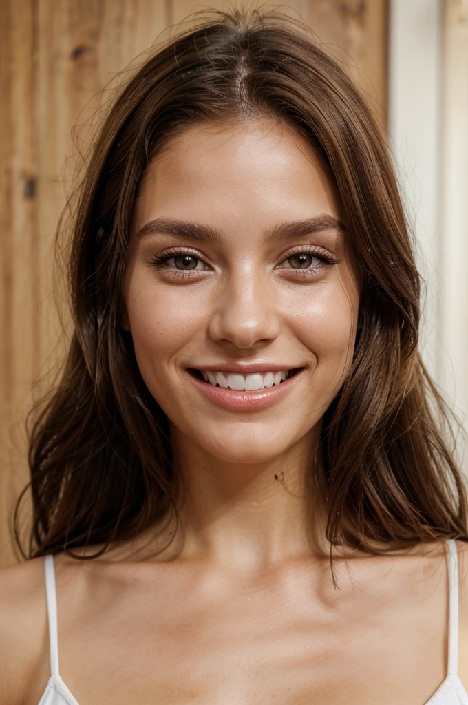 influencer style, photorealistic image, beautiful girl, 26 years old, brown hair, front locks of hair slightly lighter, light brown eyes, classy, 4k, high resolution, high quality, dimples, small wrinkles to look like a real person, white skin, french-german, face close-up, natural photo, smiling, perfect teeth, straight teeth, white teeth